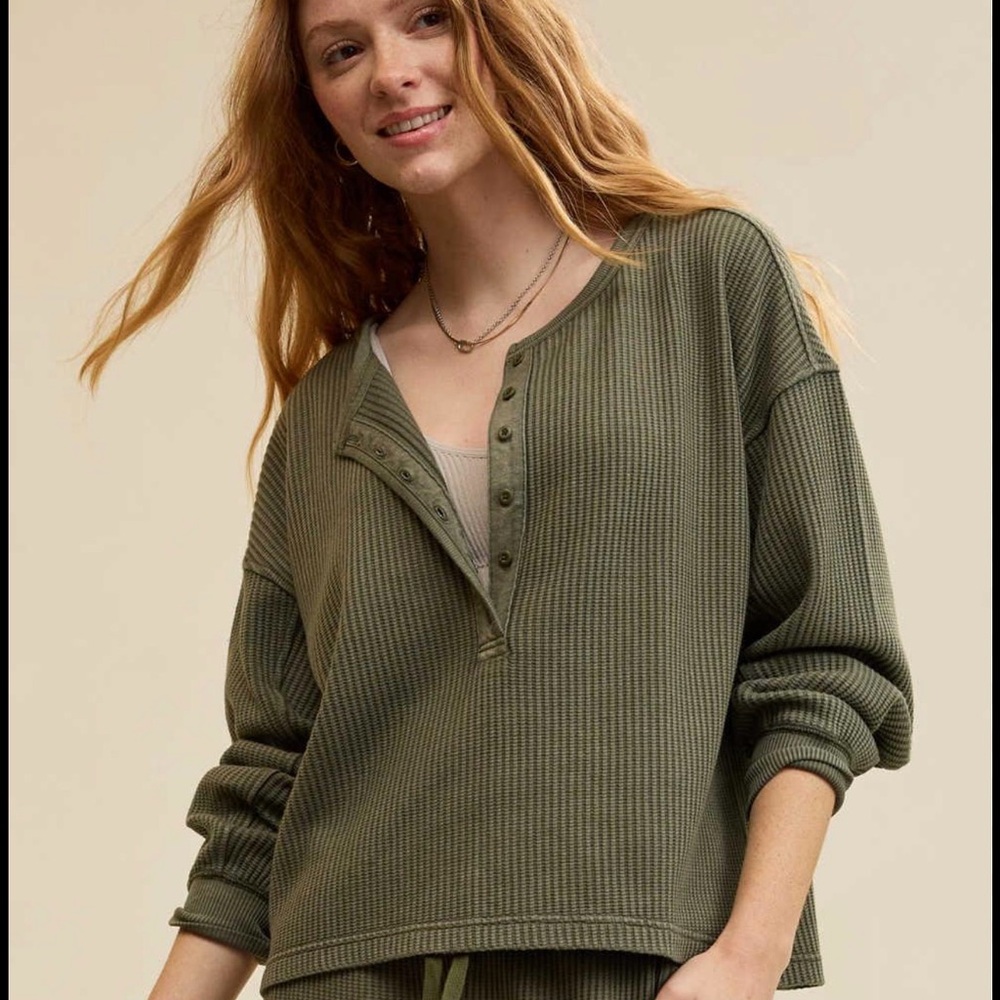 Aerie Waffle Henley Sweatshirt, Olive Green